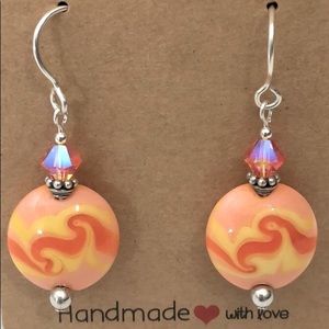 ARTISAN LAMPWORK EARRING - 925 STERLING SILVER DANGLE YELLOW ORANGE LENTIL BEADS